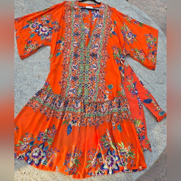 Anthropologie Emmanuel Maxi Dress Kimono Robe Boho Floral Bohemian Orange 1X - Picture 3 of 14